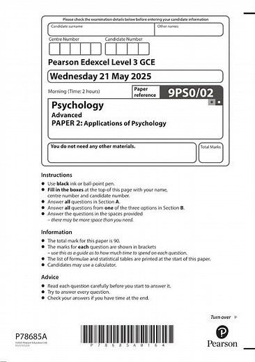 2025 Pearson EDEXCEL A Level Psychology Paper 2 9ps0 02 ApplicATIons Of Psychology