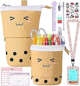 Cute Pencil Case for Girls, 9 in 1 Set Boba Standing Up Pencil Bag Pouch Holder for Students Teens, Japanese Back to School Supplies Stationary Bags Set, Pen Holder Box Choice for Girl, Yellow