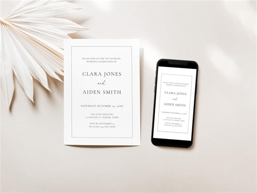 Civil Wedding Invite Template With Elegant Border, Editable Minimalist Digital Invitation, Mobile Phone Invitation for Intimate Ceremony - Etsy