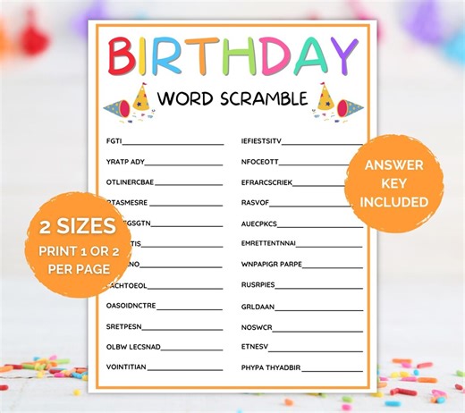 Birthday Word Scramble, Fun Birthday Party, Printable Birthday Game, Birthday Party Game, Birthday Word Game, Word Scramble, Birthday Games - Etsy