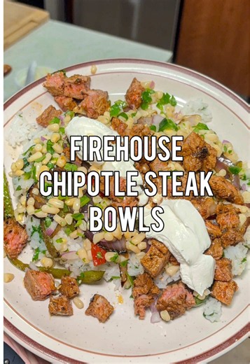 Chipotle Inspired Steak Bowls with Chipotle Corn Salsa and Cilantro Lime Rice. (recipe👇) Feeds 4 with plenty of lunch leftovers minus the steak Chipotle Steak Marinade: *Steak; ny strip bone in, removed (3 lbs) *Lime (2) *Chipotle in Adobo (1 can) Seasonings (Cumin, Oregano, Black Pepper, Onion) *Cilantro *Minced Garlic (1 tbs) *Water (1/4 cup) *Avocado Oil (1/4 cup) Cilantro Lime Rice: *Jasmine Rice (3 cups) *Cilantro (1 bunch) *Lime (1.5-2 limes) *Lemon (1/2) *Avocado Oil (tbs or so) *Salt (t