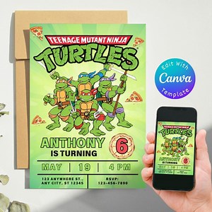 Editable Ninja Turtle Birthday Invitation Kids Birthday Gift Digital Party Invite Template Printable Party Invitation Editable Canva - Etsy