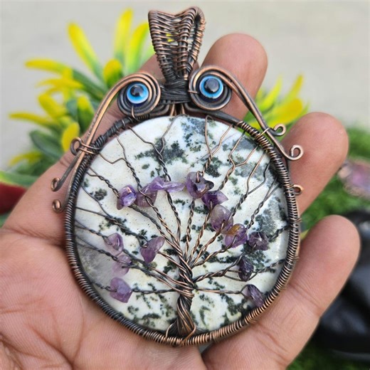 Handmade Copper Tree of Life Pendant, Tree Agate & Amethyst, Evil Eye - Etsy