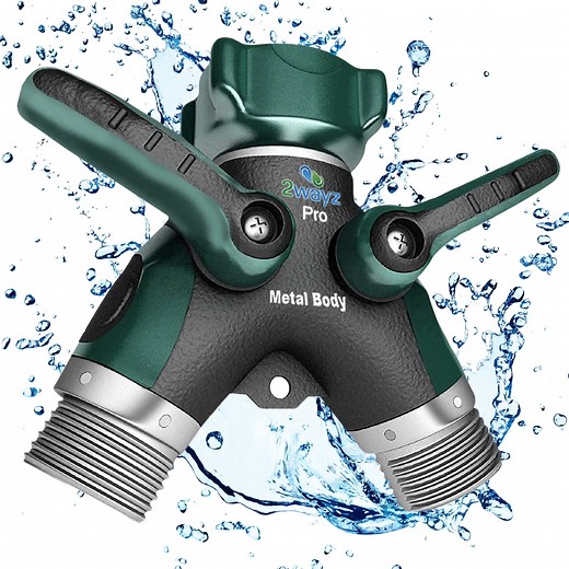 2WAYZ Hose Splitter 2 Way Heavy Duty - Outdoor Faucet and Garden Hose Splitter - Durable Water Spigot Splitter Y Adapter - All-Metal Water Hose Connector with Shut-Off Valve - 4 x 4 x 1.5 Inches