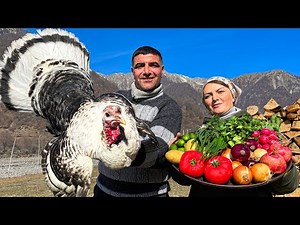 A very delicious Kebab of Fresh Turkey on a Campfire! Life in a mountain village