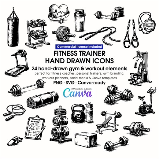 Hand Drawn Fitness Trainer Icons Bundle, Gym Workout Elements (PNG, SVG, Canva) - Etsy