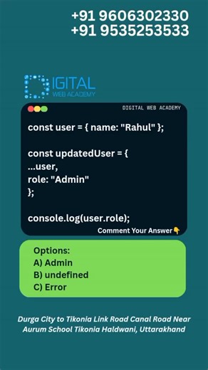 Digital Web Academy on Instagram: "🧠 JavaScript Quiz Time! Think you know your JS basics? Let’s see how fast you can answer this one! 😎👇 💡 Comment your answer below! I’ll drop the correct answer in the next story — stay tuned! 🚀 Want to go from beginner to pro? Check out our Full Stack Developer Course — learn: • HTML & CSS fundamentals • JavaScript (ES6+) deep dive • Frontend libraries: React.js • Backend with Node.js & Express • Databases (MongoDB / SQL) • Real-world project portfolio 🔥