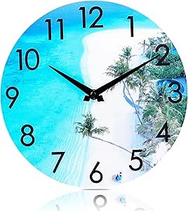 12 Inch Waterproof Glass Outdoor Clock for Patio Pool, Blue Ocean Tropical Beach Coastal Decor Wall Clock for Bathroom Bedroom