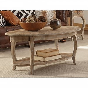 Alaterre Furniture Rustic Oval Coffee Table, Unique Handcrafted Accent Furniture, Curved Legs with Scalloped Edges, Textured Antiquing, Driftwood