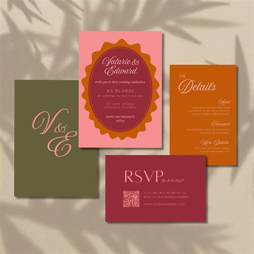 Bold Retro Wedding Invitation Suite | Colorful Vintage Canva Invite Template | Whimsical Unique Editable Printable Digital Download - Etsy