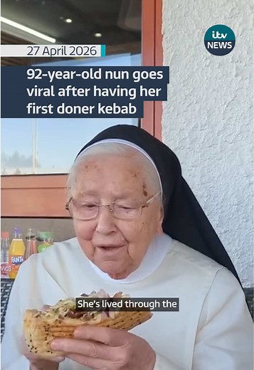 At 92 years of age, Sister Irmingard of the Arenberg Convent in Koblenz, Germany, has gone viral after consuming a doner kebab for the first time. The nun, whose life spans major historical milestones, was filmed by a fellow sister documenting the experience and it's safe to say it may not be her last kebab! #Nun #kebab #Germany