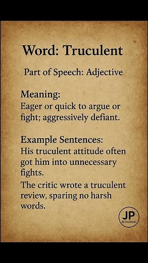 Truculent (/ˈtrʌk.jʊ.lənt/) (Adjective): Eager or quick to argue or fight; aggressively defiant.