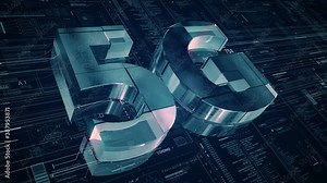 5G network HUD technological intro.5G technology, mobile network 3D presentation with hud elements connecting wires.Fifth generation technology.Metal,glass futuristic broadcast design.Type 4