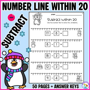 Penguin Number Line Subtraction Within 20 Worksheets | No Prep Winter Math Fun