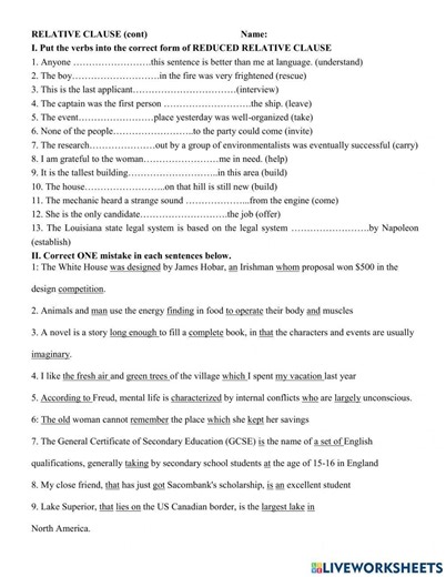 Grade 12- Reduced Relative CLause worksheet