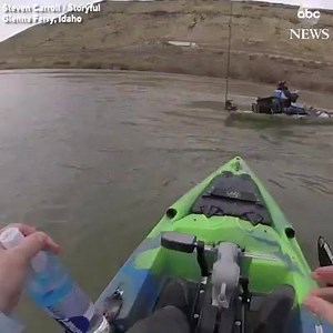 "I got that on film!" Fisherman captures moment a huge sturgeon nearly sank his buddy's kayak on Idaho's Snake River. https://abcn.ws/2HcTYHy The fish, which took the pair an hour to reel in, measured about 8 feet long and weighed in at around 300 pounds before the men released it back into the water. | ABC News