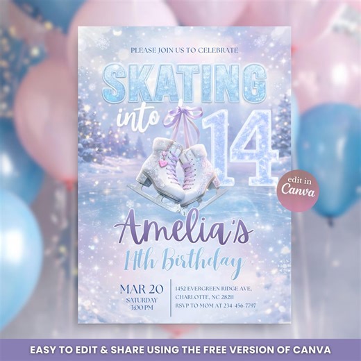 Ice Skating Birthday Invitation, Skating Into 14 Party Invite, Glitter Girl Ice Skate Birthday, Editable Canva Template, Printable Download - Etsy