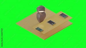Isometric 3D render on Green background. Ai Machine Learning Robot training by the conveyor belt. Data validation for blockchain. Futuristic artificial intelligence CGI data mining or even censorship.