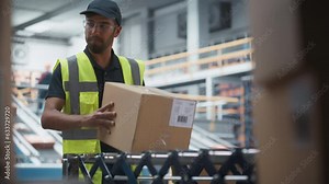 Multiethnic Male Loader Putting Boxes On Automated Conveyor Belt In Distribution Warehouse. Man In Reflective Work Jacket Loading Packages With Online Orders For Delivery To Customers. Slow Motion.