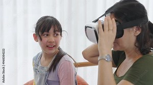 Granddaughter control laptop guide grandmother to dive in metaverse with VR. Senior adapt to technology activity communicate new generation kid cross generation gap strengthen family bond. Divergence.