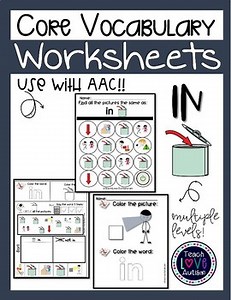 Core Vocabulary Worksheets: IN for Reading, Phonics, AAC, and Speech Therapy