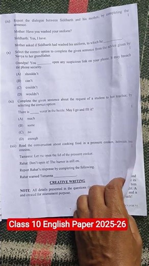 Class 10 english mid term question paper 2025-26 / class 10 english mid term paper answer key 2025