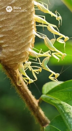 Dozens of Baby Mantises Pour Out of One Egg Case