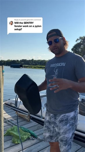 Can SENTRY fit on a large pylon if the cleat isn’t in the best position to protect your boat? The answer is yes👍 The straps are designed to accommodate a large pylon as well as a cleat - making the SENTRY versatile in both docking situations! | Mission Boat Gear