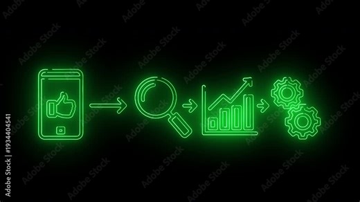 Neon green icons depicting document processing and data analysis on a black background with a glowing effect.