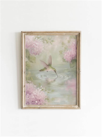 Soft Pastel Hummingbird Printable Wall Art Watercolor Painting Romantic Cottagecore Decor Delicate Pond Scene Instant Download 0185 - Etsy