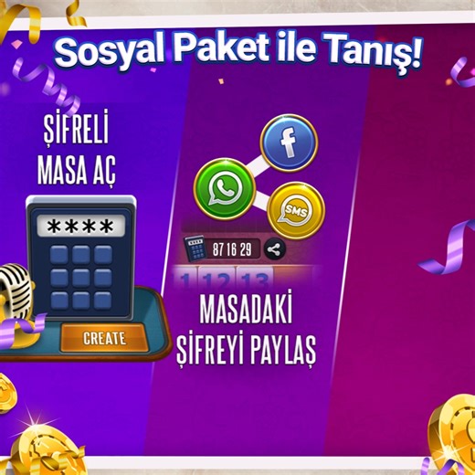Sosyal Paket ile 101 Okey Plus çok eğlenceli🤩 Şifreli masa kur, arkadaşlarını WhatsApp, SMS ya da Facebook’tan davet et, 101 Okey Plus keyfini birlikte yaşayın! 🎉 #101okeyplus | 101 YüzBir Okey Plus