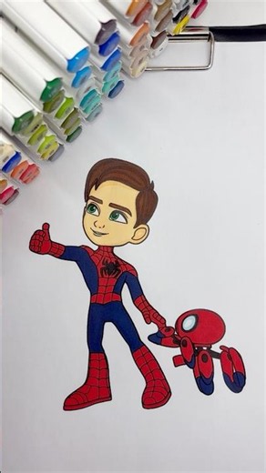 Coloring Peter Parker and Trace-E 🕷️🤖 #spiderman #coloring #coloringtime #markers #kidsart