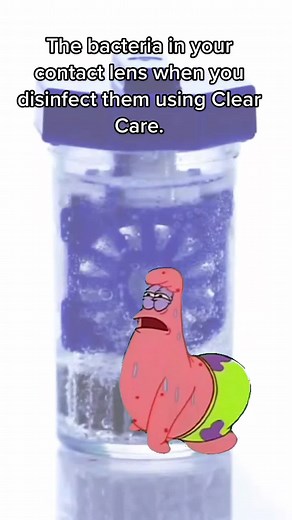 Hydrogen peroxide based contact lens cleaning solutions are extremely effective at disinfecting your contacts. You should ALWAYS make sure to let them sit for at least 6 hours and ALWAYS make sure to use the case included with the solution. Otherwise you get hydrogen peroxide in your eye (big ouch) #optometry #contactlenses #contactlens #spongebob #CapCut