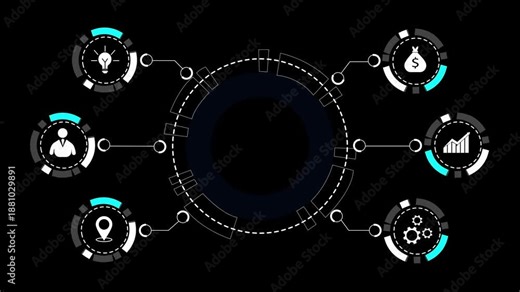 Audit futuristic HUD interface with central audit hub and connected compliance icons. Digital audit dashboard for inspection, reporting, risk control, and performance analysis