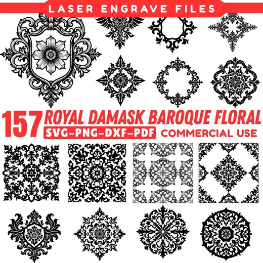 Royal Damask Baroque Floral Seamless Pattern SVG Bundle for Laser Engraving & CNC Designs, Instant Downloads - Etsy