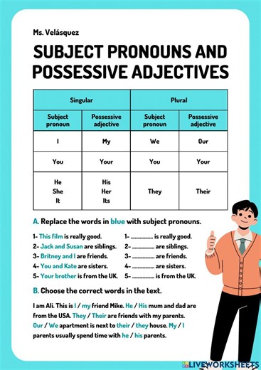 Subject pronouns and possessive adjectives online exercise