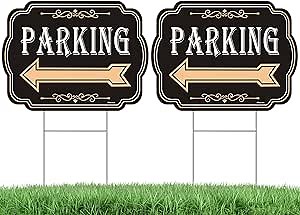 Afuven Parking Sign with Metal H-Stake, 16”x 12”Parking Sign with Left Arrow, Parking Yard Sign, Corrugated Plastic Double Sided Yard Signs, Easy to Install, 2 Pack