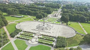 Slight aerial rotation of the Monolith sculpture in Frogner Park in Oslo
