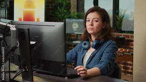 Woman content creator working with 3d render software, analyzing infographics of machine component. Using modern interface to do industry development work, artificial intelligence.