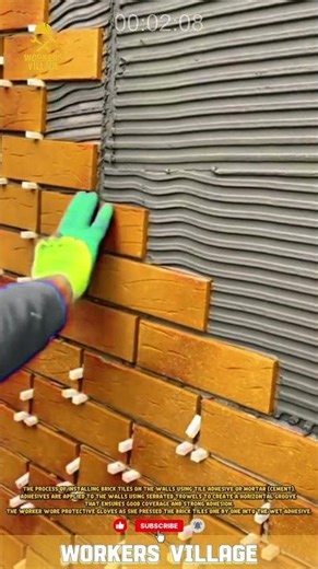 The process of installing brick tiles on the walls using tile adhesive or mortar (cement) #workers