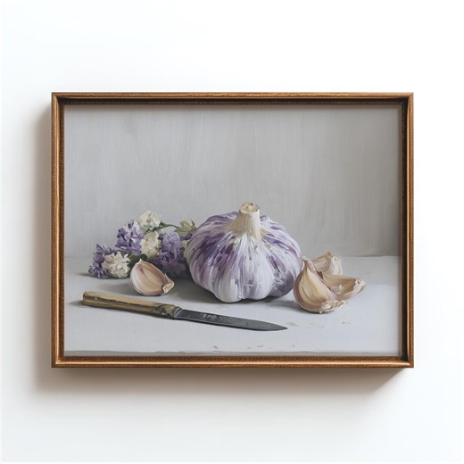 Rustic Farmhouse Kitchen Art - Neutral Garlic Still Life, Minimalist Purple Striped Bulb, Digital Wall Decor, Printable Download 9 - Etsy
