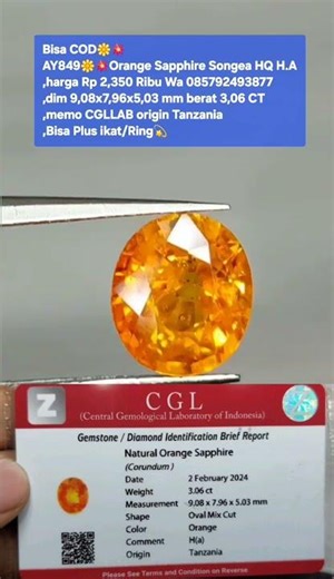 Bisa COD🌼💥AY849🌼💥Orange Sapphire Songea HQ H.A,harga Rp 2,350 Ribu Wa 085792493877,dim 9,08x7,96