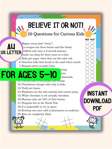 Kids Fact or Myth Game, Printable True or False Quiz for Ages 5-10, Smart Discovery Activity, Classroom Science Trivia, A4 & US Letter PDF - Etsy