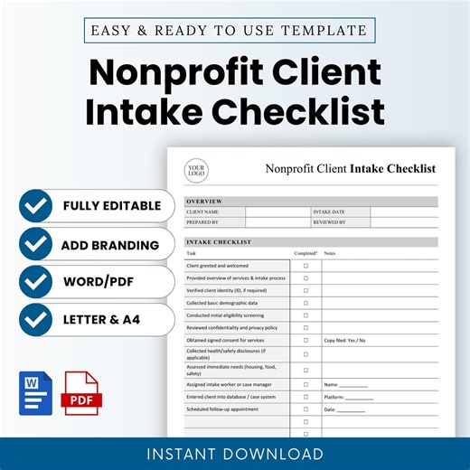 Nonprofit Client Intake Checklist Template – Word & PDF, A4   US Letter - Etsy
