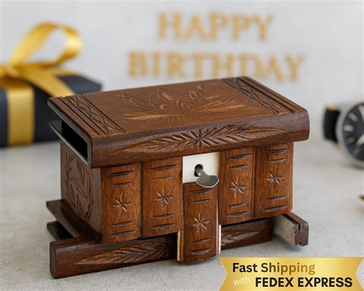 Unique Handmade Birthday Keepsake | Hand Carved Wooden Puzzle Box – Secret Compartment Gift for Him - Etsy