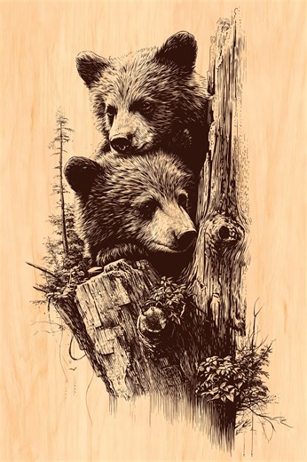Bear Cub Engraving PNG, Wildlife Forest Design, Rustic Wood Art CNC Glowforge Xtool File - Etsy