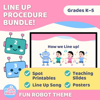Line Up Procedure BUNDLE: Robot Line Up Song, Rule Posters, Spots, & Slides