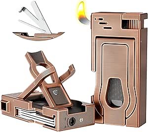 Pipe Lighter with Pipe Stand, 3 in 1 Cleaner Tools, Refillable Butane Lighter with Angled Soft Flame, Pipe Lighters for Smoking, Pipe Gift for Father's Day,Christmas Day (Bronze)