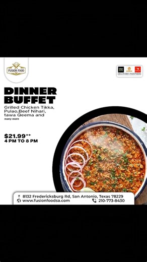 Craving something extraordinary for dinner? Our Fusion Food Dinner Buffet brings together the bold flavors of the world with the comfort of desi cuisine. Treat yourself to an evening of delicious food and delightful ambiance. #FusionFood #DinnerBuffet #FoodieHeaven #DesiFusion #CulinaryDelights #FoodLovers #GourmetBuffet #TasteTheWorld #HalalFood #WeekendVibes#sanantonio | Fusion food