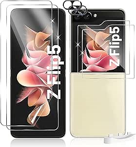 TQLGY 6 in 1 for Samsung Galaxy Z Flip 5 Screen Protector, 2 Inside Flexible TPU Film, 2 Back Tempered Glass Screen Protector and 2 Camera Lens Protector, HD Clear, Case Friendly